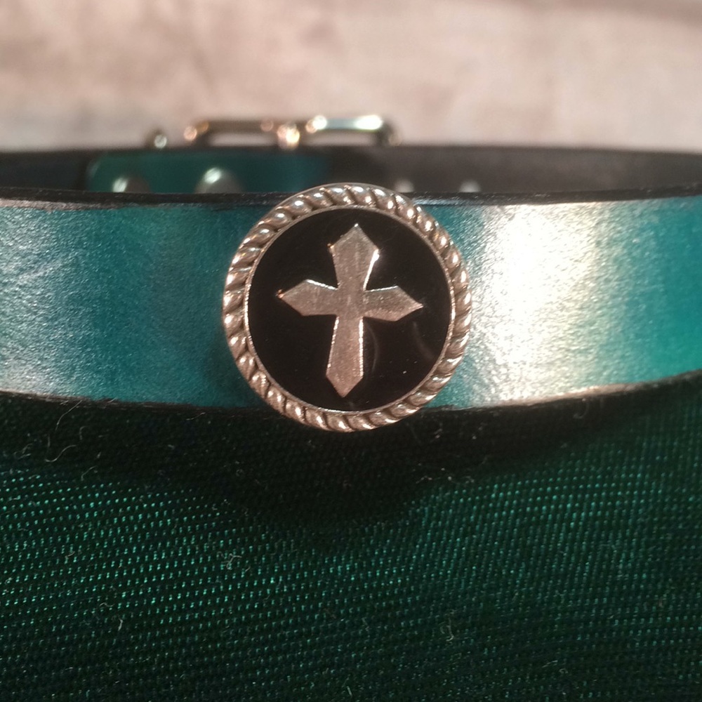 Teal Leather Choker with Cross Medallion - Picture 2 of 5